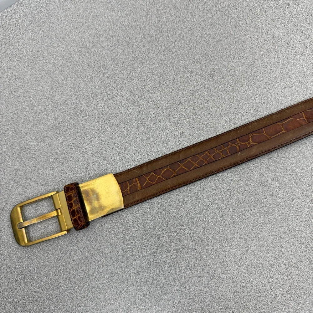 Maeni Parma Belt Mens Brown Leather Croc Exotic Inlay Gold Tone Buckle Italy *